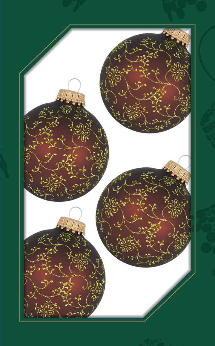 Glass Christmas Tree Ornaments - 67mm/2.63" [4 Pieces] Decorated Balls from Christmas by Krebs Seamless Hanging Holiday Decor (Mustang Velvet with Gold Glitterlace)