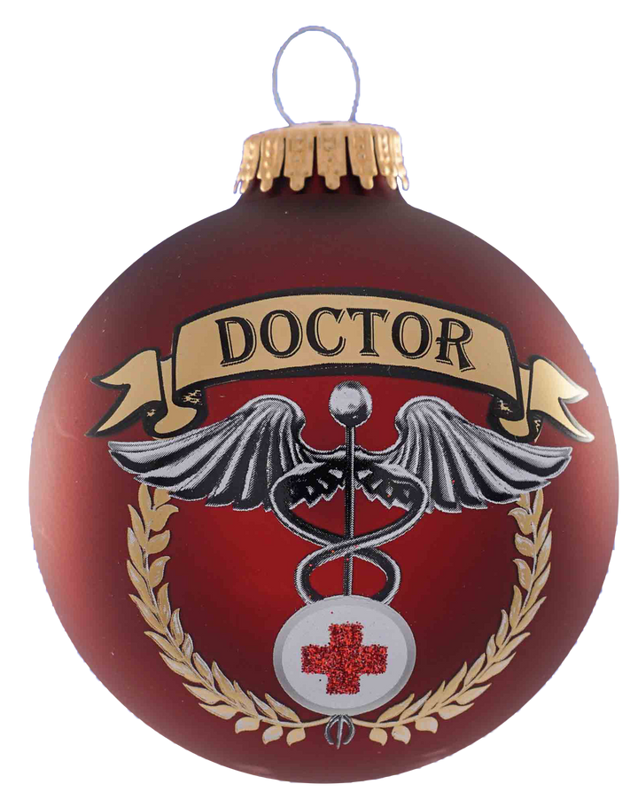 Christmas Tree Ornaments - 80mm / 3.25" Decorated Collectible Glass Balls from Christmas by Krebs - Handmade Hanging Holiday Decorations for Trees (Doctor Caduceus)