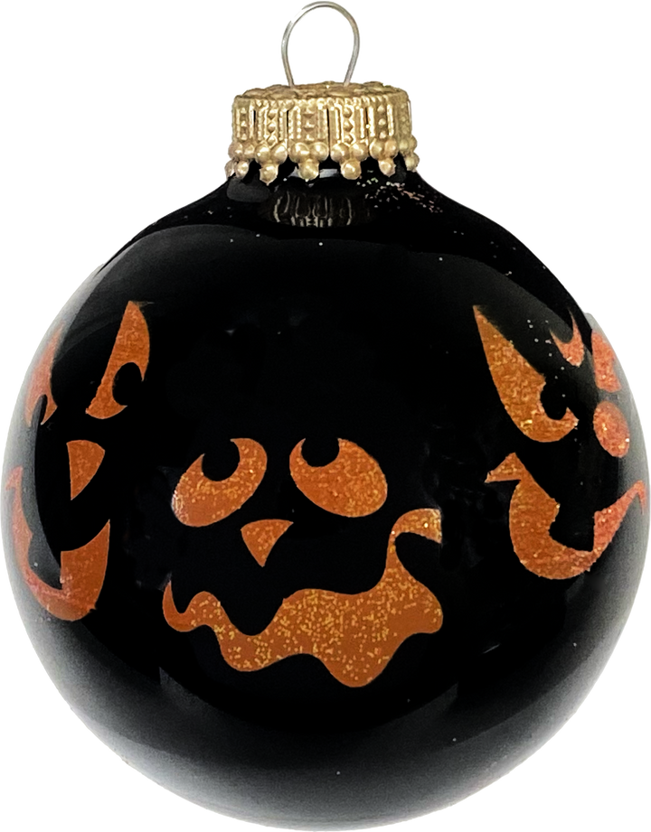 Halloween Tree Ornaments - 67mm/2.625" Decorated Glass Balls from Christmas by Krebs - Handmade Seamless Hanging Holiday Decorations for Trees - Set of 4 (Shiny Ebony Black with Faces)