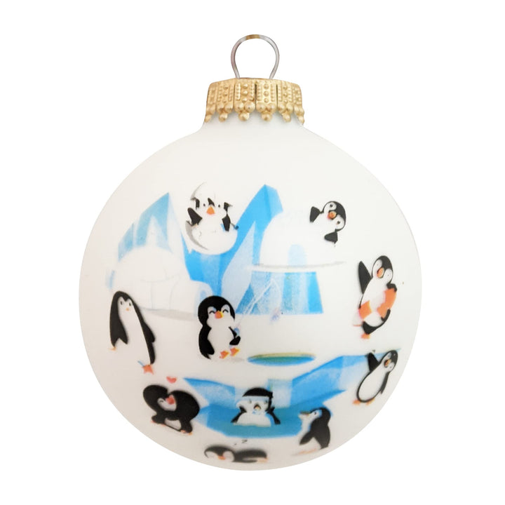 Glass Christmas Tree Ornaments - 67mm/2.63" [4 Pieces] Decorated Balls from Christmas by Krebs Seamless Hanging Holiday Decor (Classic White Velvet with Penguins)