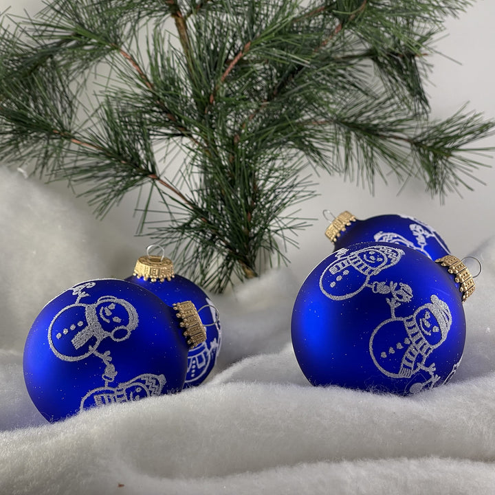 Glass Christmas Tree Ornaments - 67mm/2.63" [4 Pieces] Decorated Balls from Christmas by Krebs Seamless Hanging Holiday Decor (Royal Velvet Blue with Snowman)