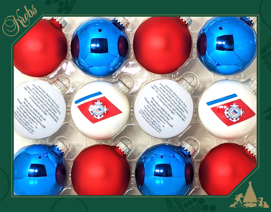 Christmas Tree Ornaments - Military Glass Balls from Christmas by Krebs - Handmade Seamless Hanging Holiday Decorations for Trees (67mm/2.625" Red, White and Blue Coast Guard-USCG Variety Set of 12)