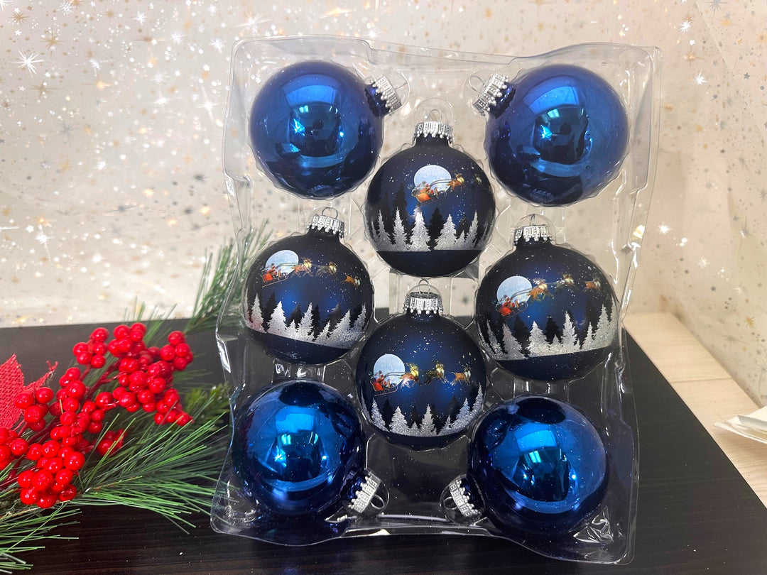 Glass Christmas Tree Ornaments - 67mm / 2.63" [8 Pieces] Designer Balls from Christmas By Krebs Seamless Hanging Holiday Decor (Deep Blue Haze with Spirit of Christmas)