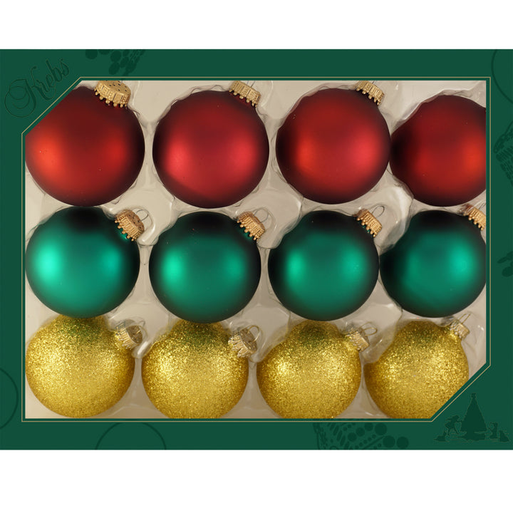 Glass Christmas Tree Ornaments - 67mm/2.63" Designer Balls from Christmas by Krebs - Seamless Hanging Holiday Decorations for Trees - Set of 12 Ornaments (Velvet Red, Velvet Green & Gold Glitter)