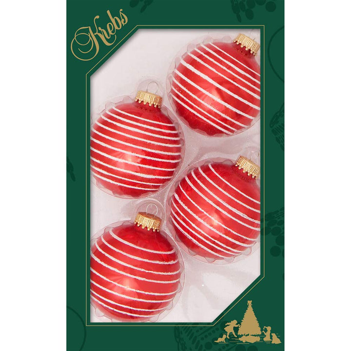 Glass Christmas Tree Ornaments - 67mm/2.625" [4 Pieces] Decorated Balls from Christmas by Krebs Seamless Hanging Holiday Decor (Candy Apple Red with White Thin Stripes)