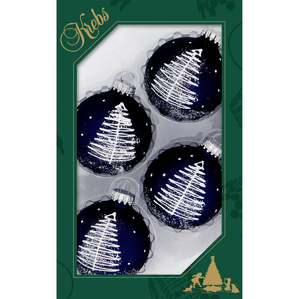 Glass Christmas Tree Ornaments - 67mm/2.625" [4 Pieces] Decorated Balls from Christmas by Krebs Seamless Hanging Holiday Decor (Navy Velvet with White Scribble Tree)