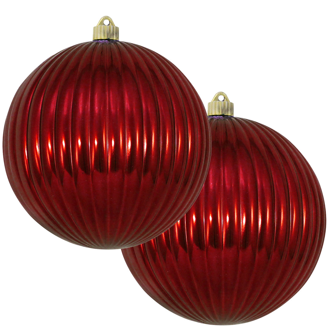 Christmas By Krebs 6" (150mm) Ribbed Shiny Sonic Red [2 Pieces] Solid Commercial Grade Indoor and Outdoor Shatterproof Plastic, UV and Water Resistant Ball Ornament Decorations
