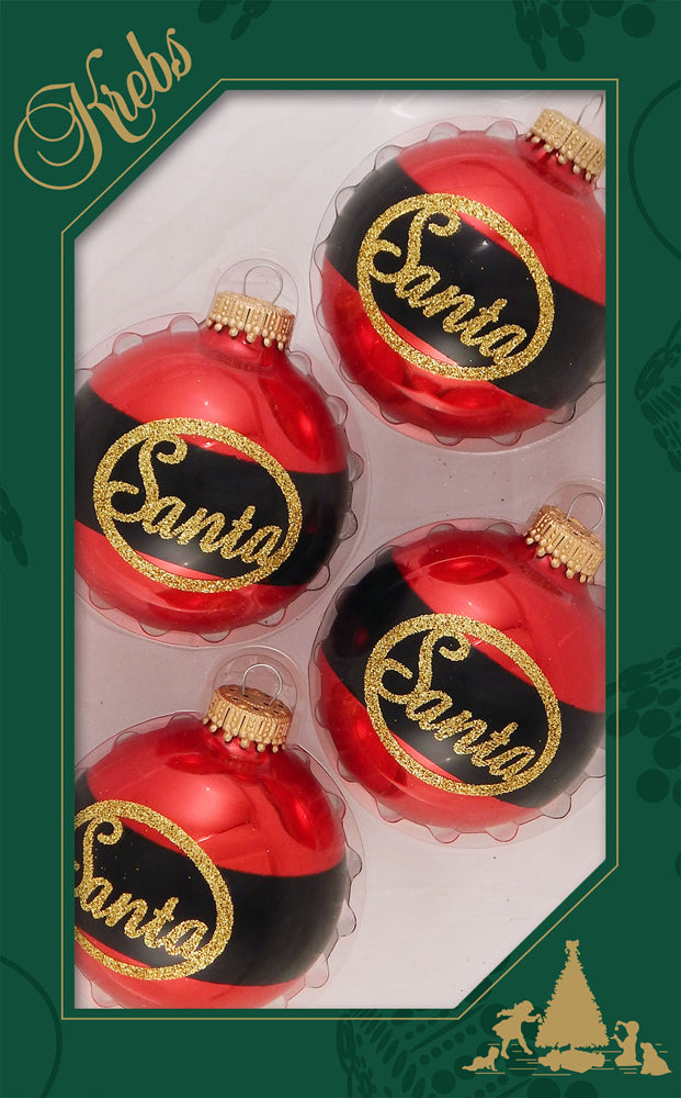 Glass Christmas Tree Ornaments - 67mm/2.63" [4 Pieces] Decorated Balls from Christmas by Krebs Seamless Hanging Holiday Decor (Candy Apple Red with Santa Belt)