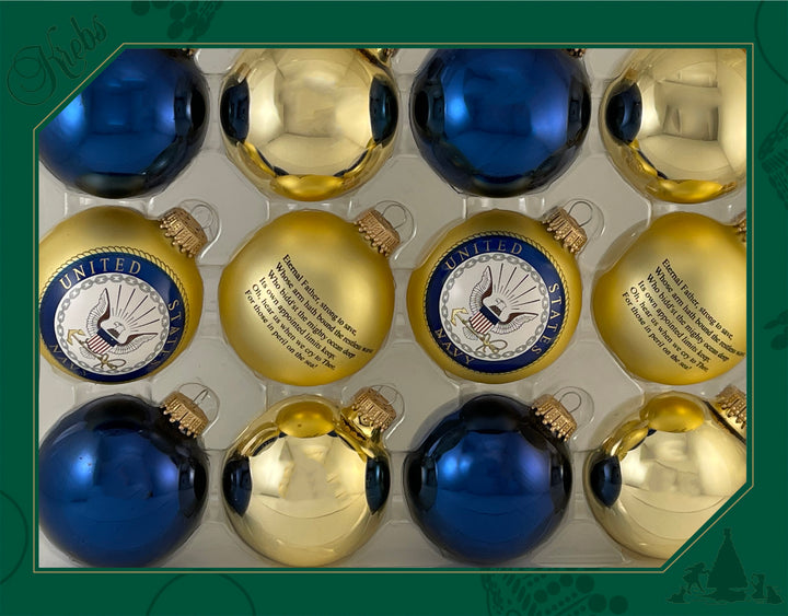 Christmas Tree Ornaments - Military Glass Balls from Christmas by Krebs - Handmade Seamless Hanging Holiday Decorations for Trees (67mm/2.625" Gold and Blue Navy-USN Variety Set of 12)