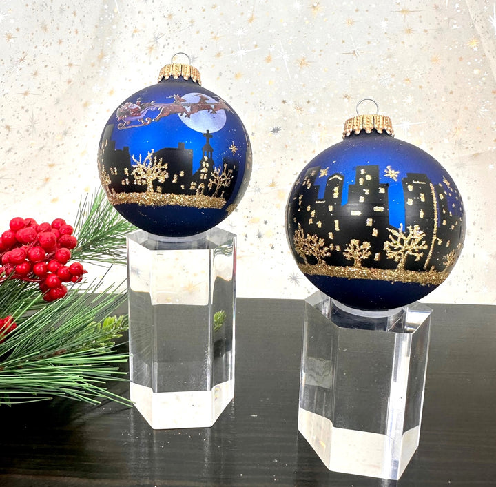 Glass Christmas Tree Ornaments - 67mm/2.63" Designer Balls from Christmas by Krebs - Seamless Hanging Holiday Decorations for Trees - Set of 12 Ornaments (Gold & Blue W/ Night Before Christmas)