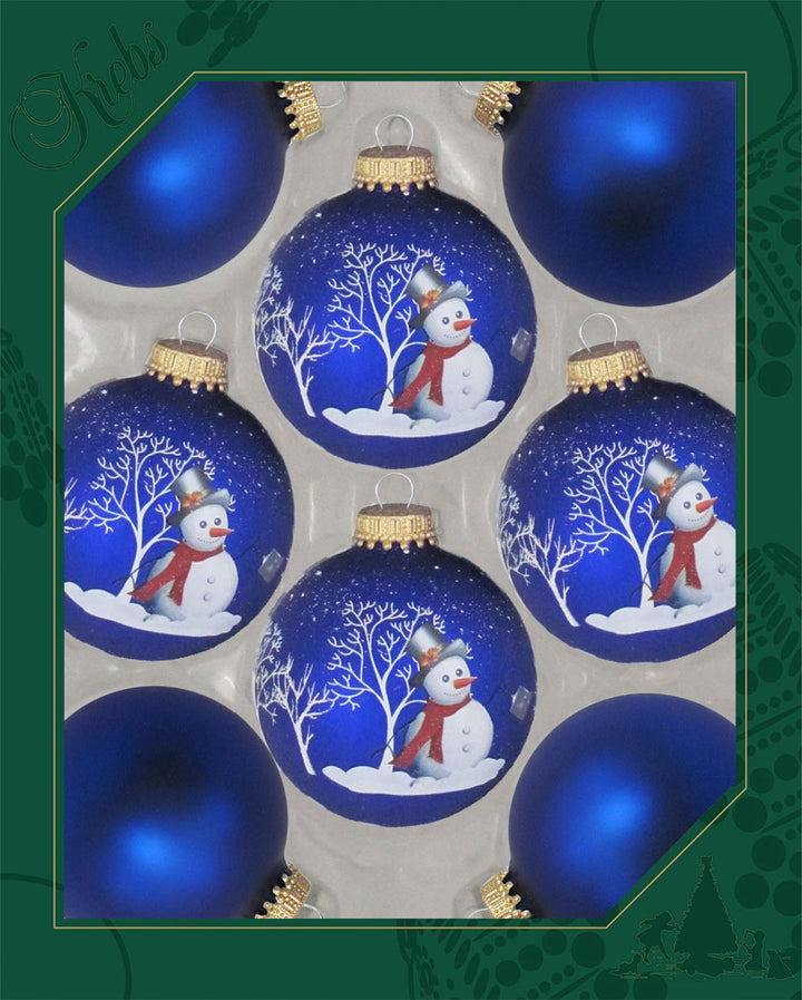 Glass Christmas Tree Ornaments - 67mm / 2.63" [8 Pieces] Designer Balls from Christmas By Krebs Seamless Hanging Holiday Decor (Royal Velvet Blue with Bell Ringer Snowman)