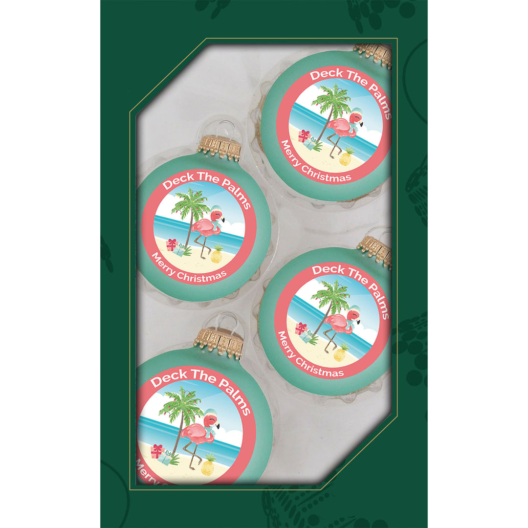 Glass Christmas Tree Ornaments - 67mm/2.63" [4 Pieces] Decorated Balls from Christmas by Krebs Seamless Hanging Holiday Decor (Mermaid Velvet with Holiday Flamingo)