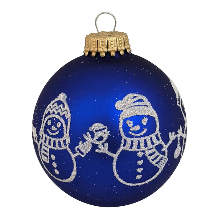 Glass Christmas Tree Ornaments - 67mm/2.63" [4 Pieces] Decorated Balls from Christmas by Krebs Seamless Hanging Holiday Decor (Royal Velvet Blue with Snowman)