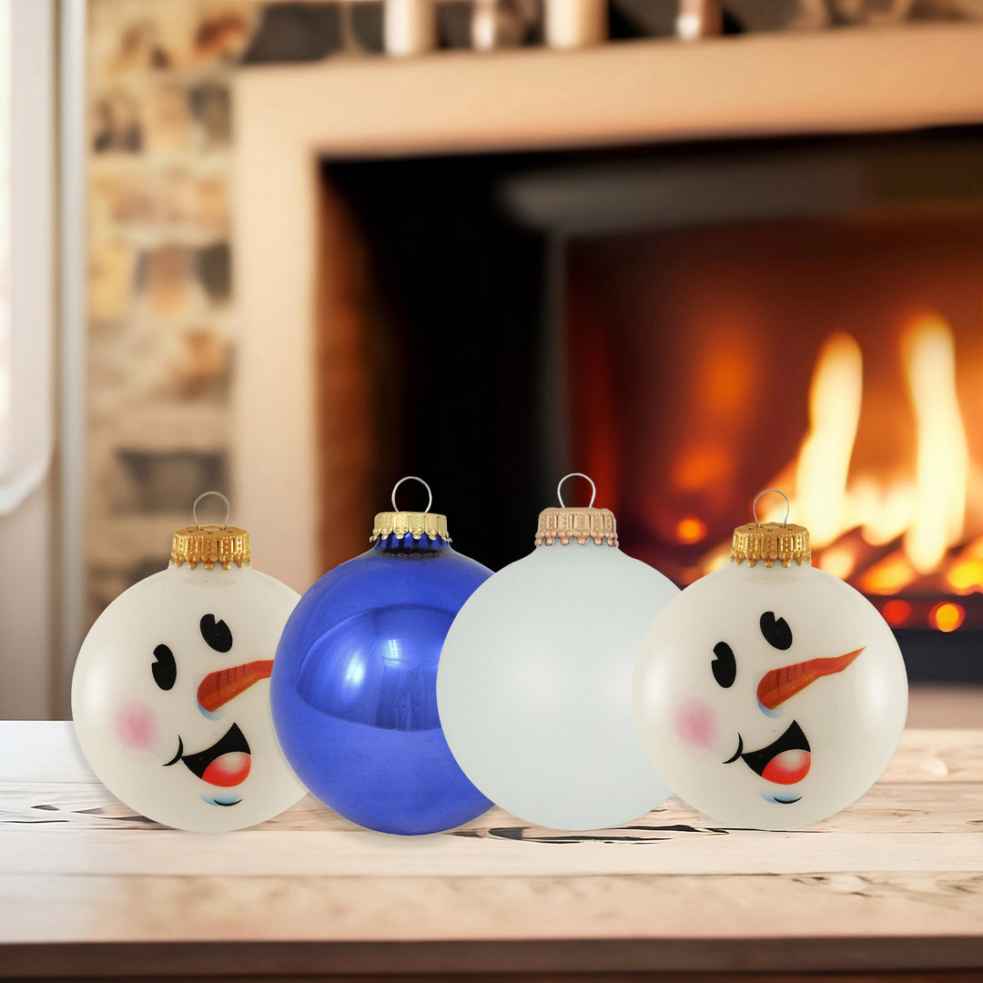 Glass Christmas Tree Ornaments - 67mm/2.63" Designer Balls from Christmas by Krebs - Seamless Hanging Holiday Decorations for Trees - Set of 12 Ornaments (Blue and White with Snowman Face)