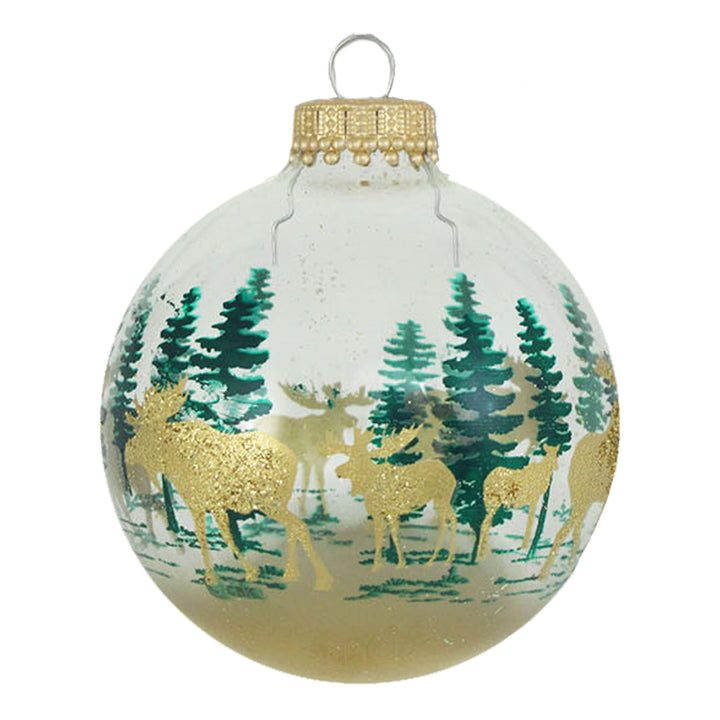 Glass Christmas Tree Ornaments - 67mm / 2.63" [8 Pieces] Designer Balls from Christmas By Krebs Seamless Hanging Holiday Decor (Snow White with Moose Scene)